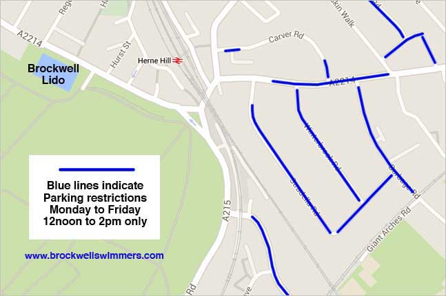 Brockwell Lido nearby free street parking outside 12noon to 2pm weekdays.