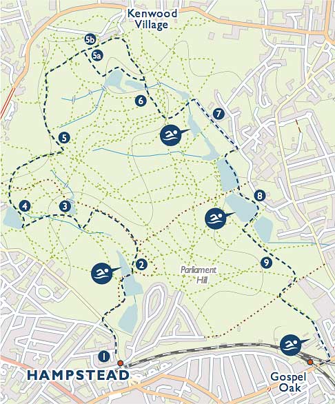 Map of Hampstead swimming walk Parliament Hill