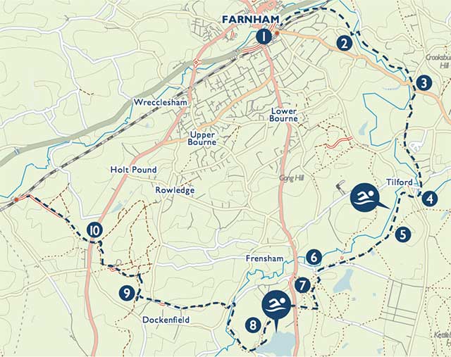 walking route farnham to frensham and bentley