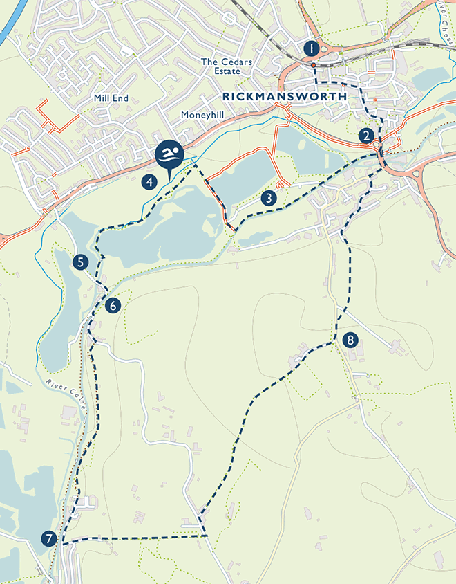 route for walk and swim River Colne near Rickmansworth